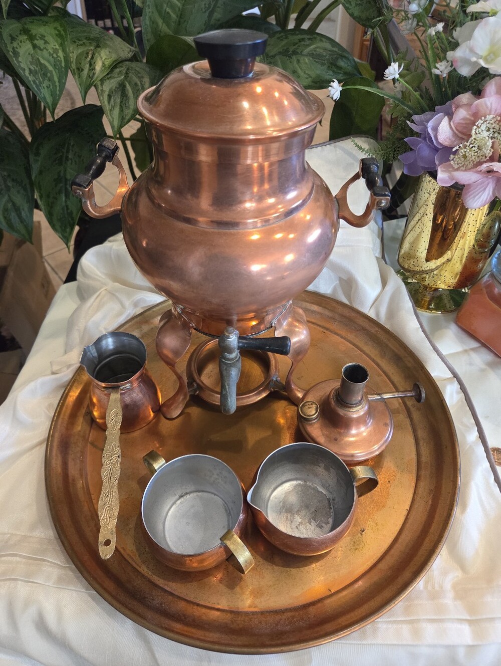 1914 Manning Bowman Copper Samovar Set: Perc, Cream & , Sugar, Ibrik, and Tray.